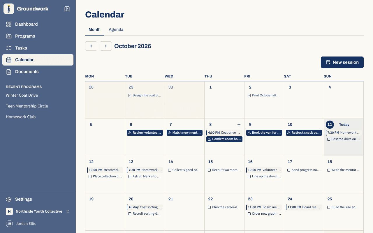 A month calendar with today highlighted and the month's activities and due dates on their days.