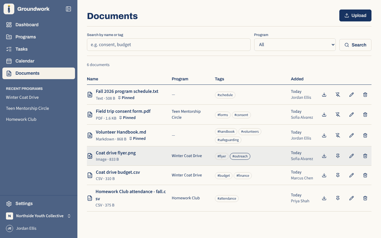 A table of the organization's files with their tags, sizes and upload dates, and a search box above it.